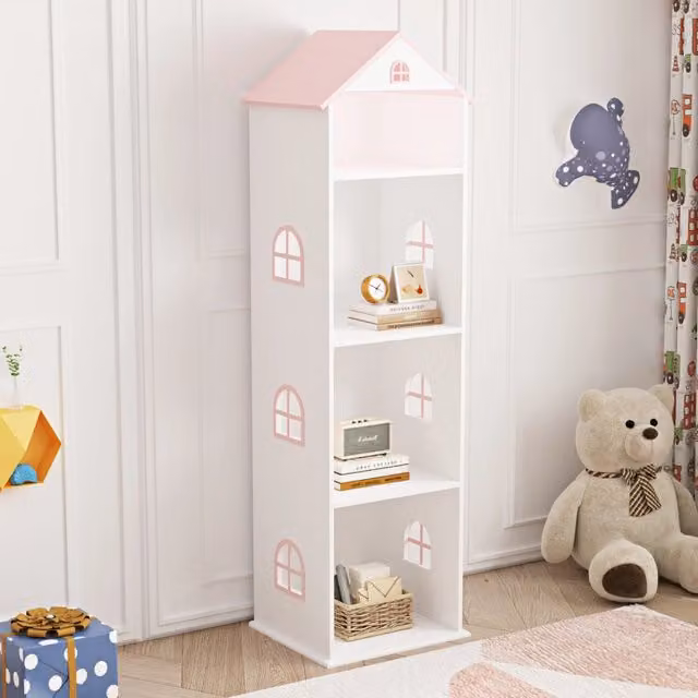 Libreria Vipsali a forma di casa per cameretta en.casa, Bianco e Rosa, L 140 cm x P 40 cm x H 35 cm