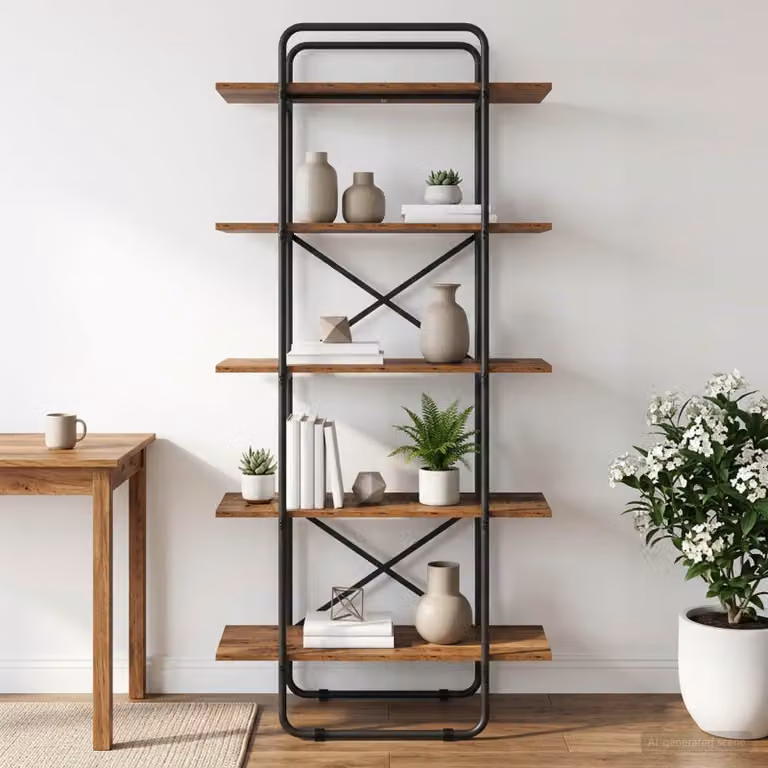 Libreria vidaXL a 5 livelli in legno di quercia e metallo, colore marrone, L 80 cm x P 35 cm x H 175,5 cm