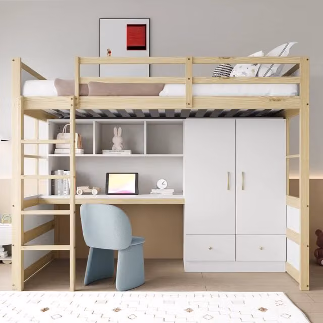 Letto a castello CIPACHO per bambini in legno di pino e MDF con scala, scrivania, armadio e cassetti, multicolore, L/P/H: 200 x 90 x 174 cm
