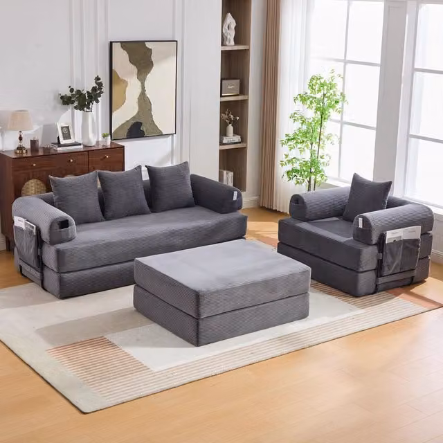 Set mobili soggiorno Mivray composto da divano a 3 posti, poltrona e pouf modulare in velluto a coste grigio con struttura in metallo