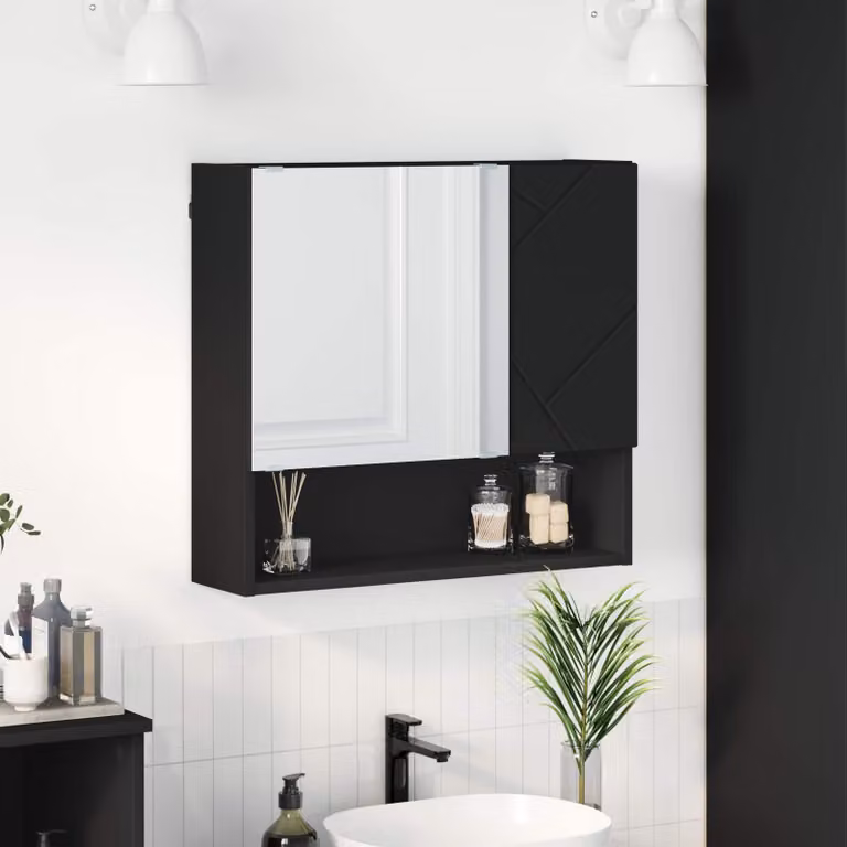 Mobiletto per specchio vidaXL Nero con ante a battente, design minimalista, da appendere al muro, L: 59 cm, P: 17 cm, H: 55 cm