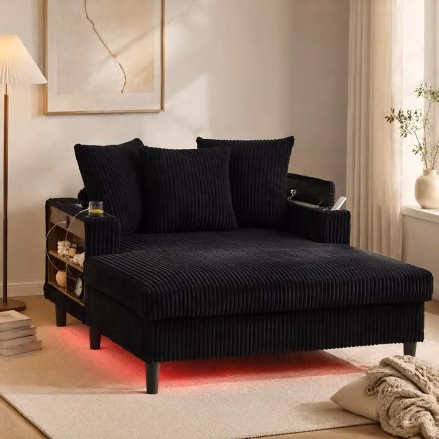 Chaise Longue REDOM in velluto a coste nero con illuminazione LED, porta bicchieri e ricarica USB, L/P/H: 129 x 170 x 70 cm