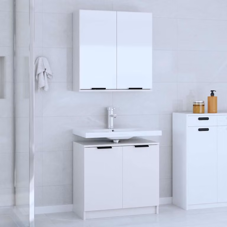 Set di mobili da bagno moderno vidaXL composto da mobile lavabo e armadietto con specchio in legno bianco lucido L/P/H: 64,5 x 33,5 x 59,0 cm