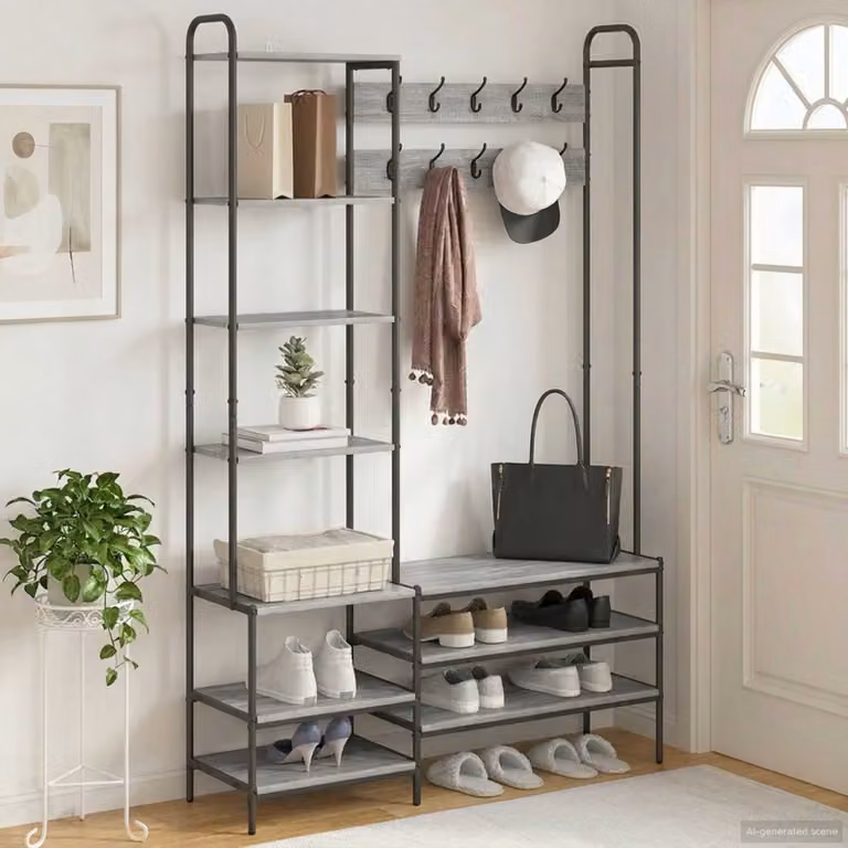 vidaXL Appendiabiti con panca per scarpe in stile industriale, colore grigio, L: 120,5 cm, P: 34 cm, H: 190 cm