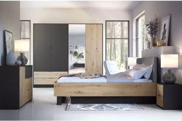 Camera completa Meublorama MELODY in legno nero e rovere chiaro con letto contenitore 180x200 cm, armadio, cassettiera e comodini