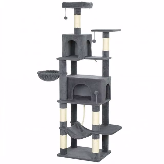Albero Tiragraffi per Gatti PawHut Alto 202 cm con 6 Pali in Sisal, 2 Casette, 2 Amache e Lettino, Grigio