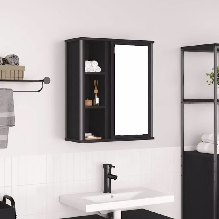 Pensile da bagno con specchio vidaXL in rovere nero con ante a cerniera e ripiani interni, L: 50 cm, P: 20 cm, H: 60 cm