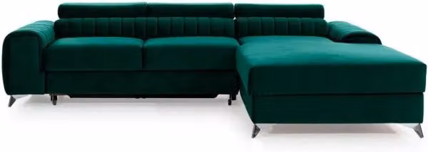 Divano ad angolo destro JAYSON MEUBLORAMA in velluto verde, convertibile con funzione letto e poggiatesta regolabile, L 278 cm x P 205 cm x H 92 cm