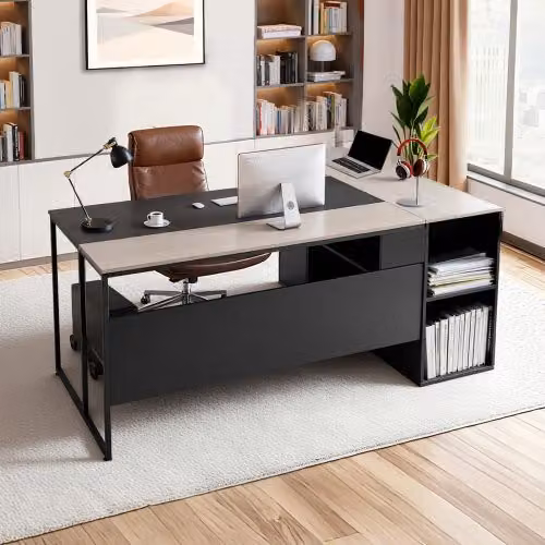 VEVOR Scrivania Direzionale a L Moderna in MDF Laminato Nero con Mobiletto Portaoggetti L: 135,0 cm, P: 60,5 cm, H: 75,4 cm