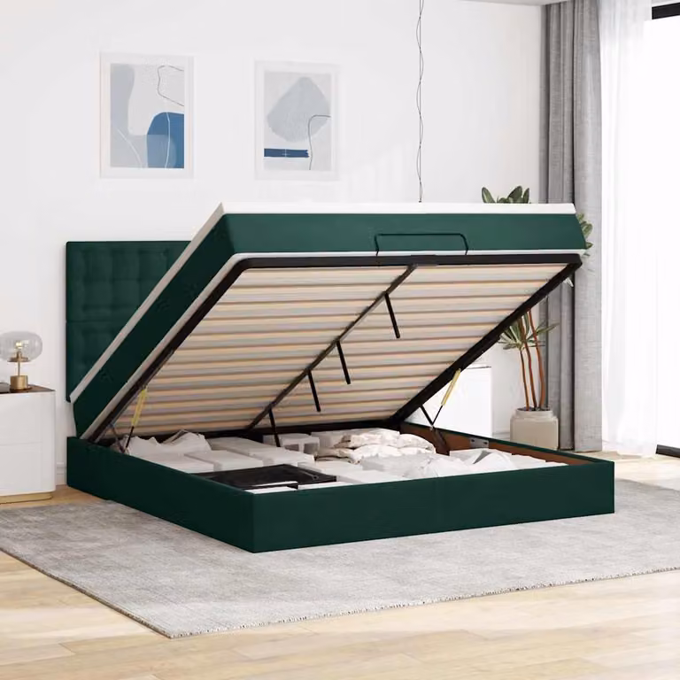 Letto con contenitore e materasso vidaXL in velluto verde e bianco, con base a sollevamento, illuminazione sottostante e porte USB, L: 180 cm, P: 200 cm, H: 128 cm