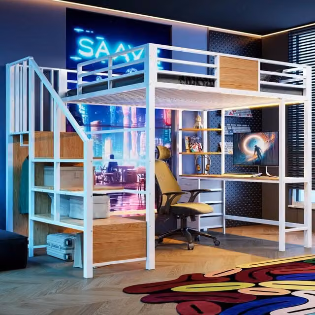 Letto a soppalco WISHDOR in metallo e MDF bianco con scrivania, ripiani, barra appendiabiti, illuminazione LED e porta USB, L/P/H: 200 x 140 x 175 cm