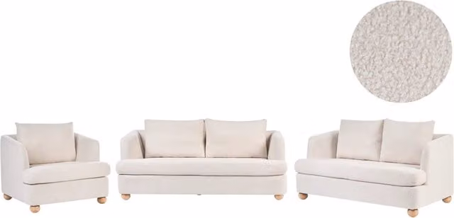 Set da salotto Beliani a 6 posti in tessuto bouclé bianco con divani e poltrona in stile scandinavo e gambe in legno oliato