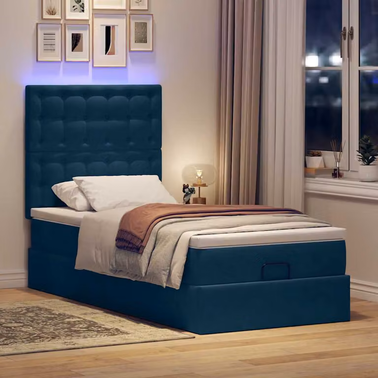 Letto con Pouf e Materasso vidaXL in Velluto con Base a Sollevamento, Illuminazione Sotto il Letto e Porte USB, Colore Petrolio/Blu, L/P/H: 200 x 80 x 140 cm