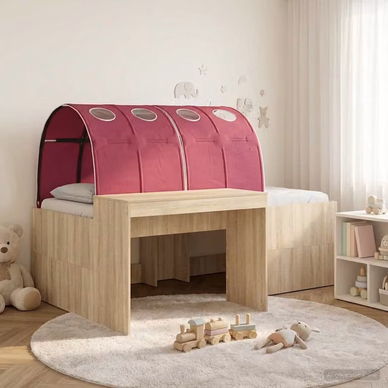 vidaXL Letto alto per bambini con scrivania 3 pz in legno ingegnerizzato, Rovere Sonoma e Rosso, L: 193 cm, P: 120 cm, H: 133,5 cm
