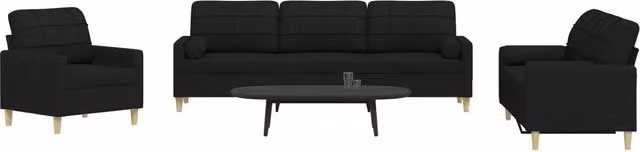 Set di Divani 3 Pezzi vidaXL in Tessuto Nero con Cuscini Decorativi e Struttura in Metallo per Soggiorno Moderno