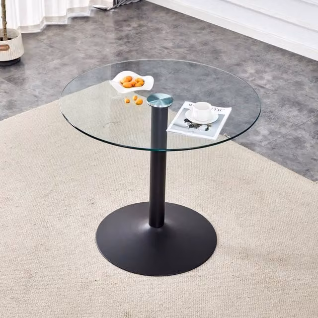 Tavolo Bar Rotondo REDOM in Vetro Trasparente e Metallo Nero, Diametro: 85 cm, Altezza: 76 cm
