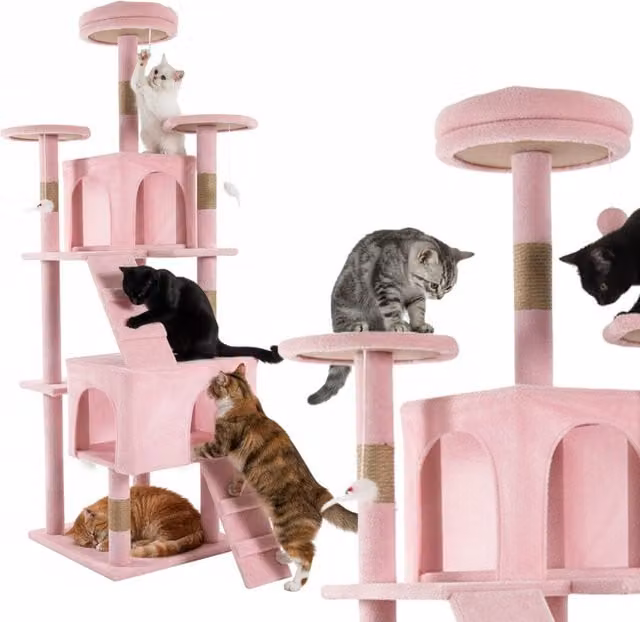 Tiragraffi per Gatti Puppy Lovers Rosa con Cuccia, Amaca e Giochi Integrati in Sisal, Altezza: 170 cm