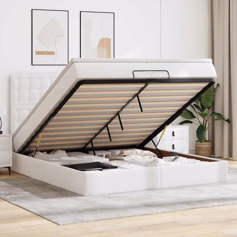 Letto matrimoniale con contenitore a sollevamento vidaXL in similpelle bianca con porta USB e illuminazione sottostante L 200 x P 200 x H 28 cm