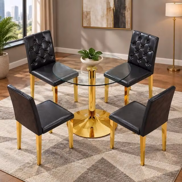 Set tavolo rotondo e sedie da pranzo Mivray in vetro temperato trasparente e metallo nero e oro con finitura lucida
