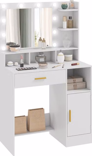 Coiffeuse HOMCOM con specchio e 10 luci LED regolabili, cassetto, armadietto e mensole aperte, bianco, L 80 cm x P 40 cm x H 135 cm