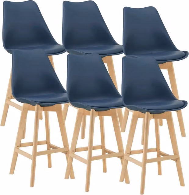Set di 6 Sgabelli da Bar Lublin en.casa con Seduta Imbottita in Tessuto Blu e Gambe in Faggio, Altezza: 105 cm, Larghezza: 48 cm, Profondità: 58 cm