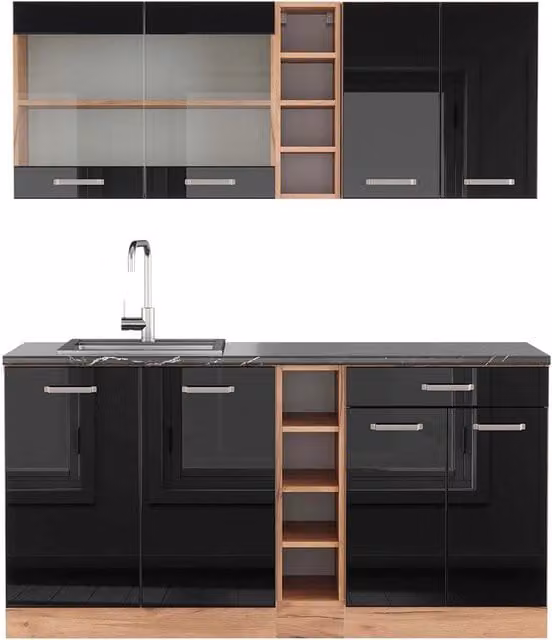 Cucina completa R-Line Vicco Nero lucido e Rovere dorato con piano antracite, L: 160 cm