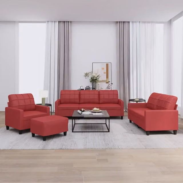Set di divani modulari vidaXL in similpelle rosso con cuscini, composto da divano a 3 posti, divano a 2 posti, poltrona e pouf