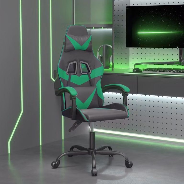 Sedia da Gaming Girevole vidaXL in Similpelle Nera e Verde con Poggiatesta e Braccioli