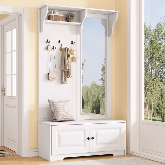 Mobile ingresso OKWISH moderno in MDF bianco con specchio, 5 ganci e 2 vani con ante soft-close, L/P/H: 100 x 40 x 180 cm