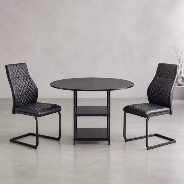 Set tavolo da pranzo rotondo Mivray con 2 sedie nero opaco in MDF e metallo con doppio ripiano portaoggetti L: 120 cm, P: 120 cm, H: 75 cm