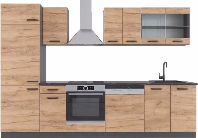 Cucina componibile moderna R-Line Vicco in rovere e antracite, larghezza: 300 cm
