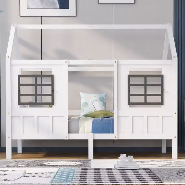 Letto a casetta per bambini Home Enjoy DE con finestre, senza materasso, Bianco e Grigio, L/P: 200 x 90 cm
