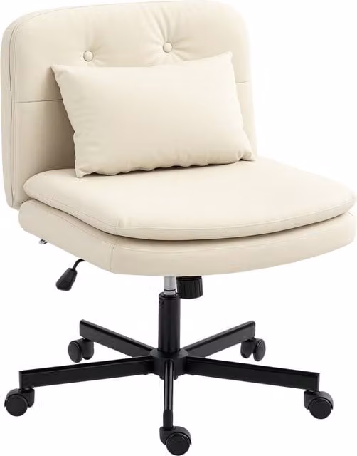 Sedia da ufficio HOMCOM senza braccioli in ecopelle beige, sedia da scrivania regolabile con ruote e cuscino aggiuntivo