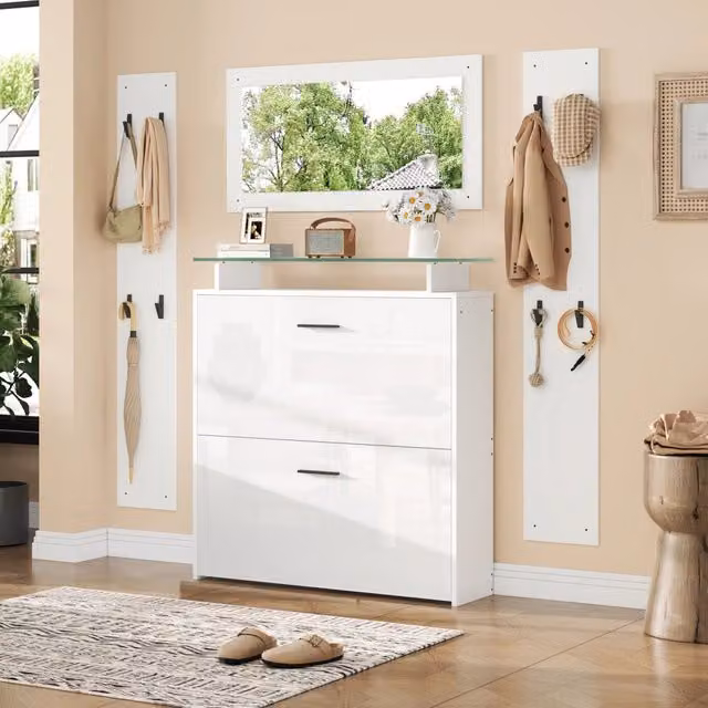 Set di mobili da ingresso MIVRAY bianco lucido con scarpiera a due vani ribaltabili, specchio e 8 ganci, L: 89.5 cm, P: 23 cm, H: 96.5 cm