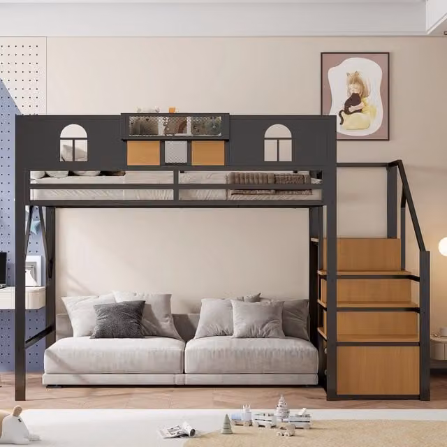 Letto a soppalco Mivray nero con scala contenitore, sponde alte e ripiano laterale in metallo e MDF, dimensioni 140 x 200 cm