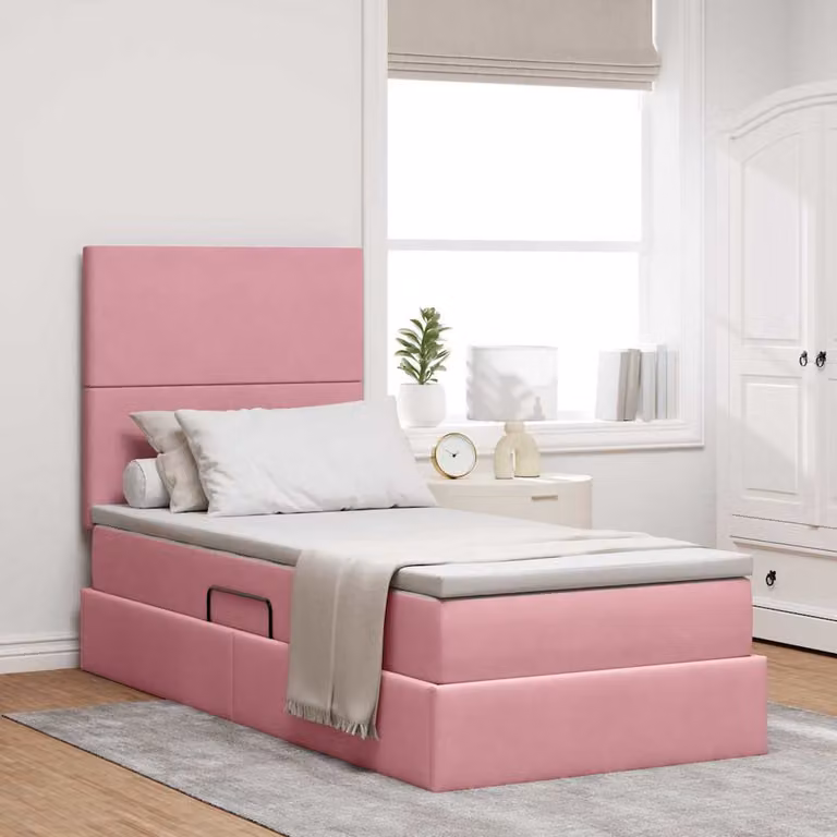 Letto con contenitore e illuminazione LED vidaXL in velluto rosa, L: 200 cm, P: 100 cm, H: 128 cm