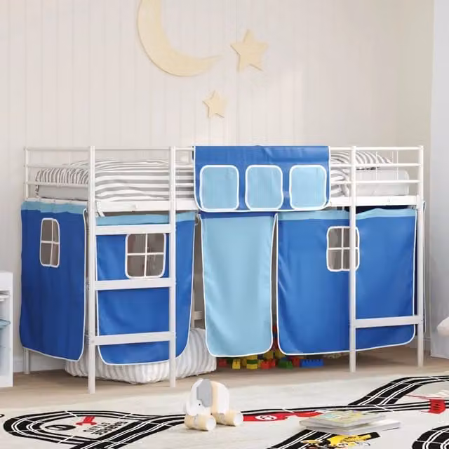 Letto a soppalco singolo per bambini Design In in metallo con scala e tendine, Bianco e Blu, L/P/H: 200 x 100 x 194 cm