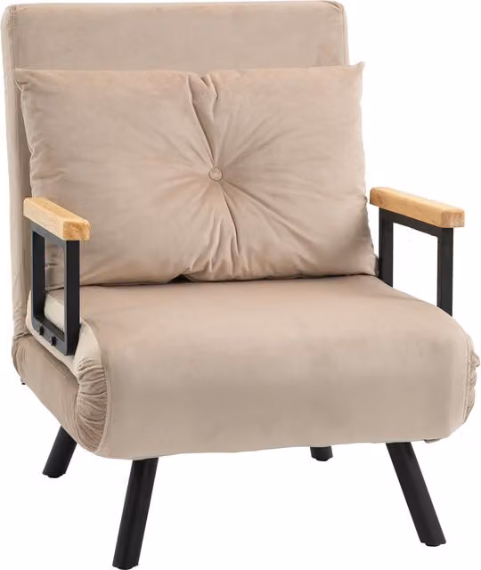 Poltrona Letto Singolo HOMCOM in Tessuto Effetto Velluto Beige, Reclinabile in 5 Posizioni con Cuscino Sfoderabile, L/P/H: 73 x 63 x 81 cm