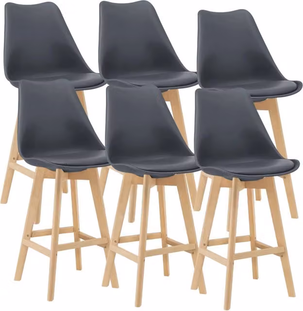 Set di 6 Sgabelli da Bar Lublin en.casa con Seduta Imbottita in Tessuto Grigio e Gambe in Faggio, Altezza: 105 cm, Larghezza: 48 cm, Profondità: 58 cm