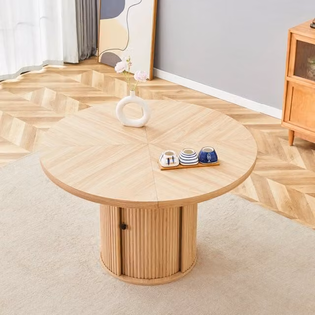Tavolo da pranzo rotondo Mivray in MDF laminato marrone con design moderno, Diametro: 115 cm, Altezza: 74 cm