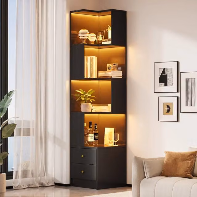 Libreria Angolare a L REDOM in MDF Nero Opaco con Illuminazione LED Integrata L/P/H: 45 x 43,5 x 180 cm