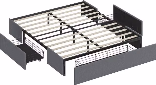 Struttura Letto Matrimoniale HOMCOM con 3 Cassetti, in Legno, Metallo e Poliestere, Grigio, L: 165 cm, P: 193 cm, H: 30 cm