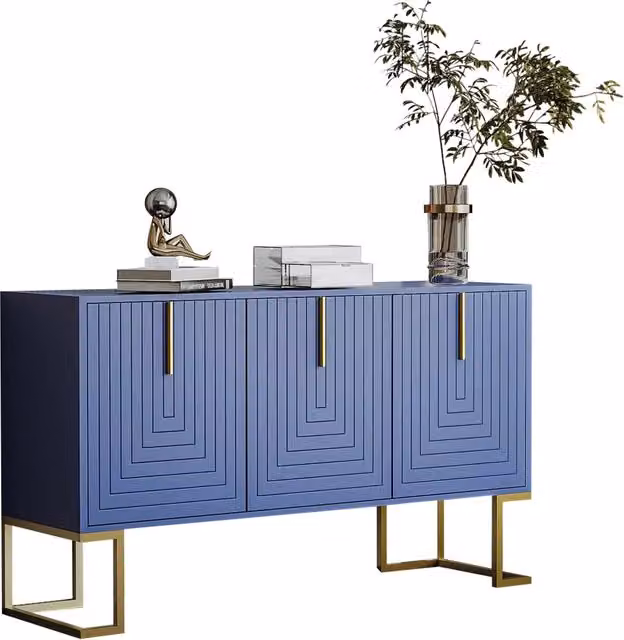 Credenza moderna con 3 ante e ripiani regolabili in MDF e metallo per soggiorno e cucina, colore blu navy opaco