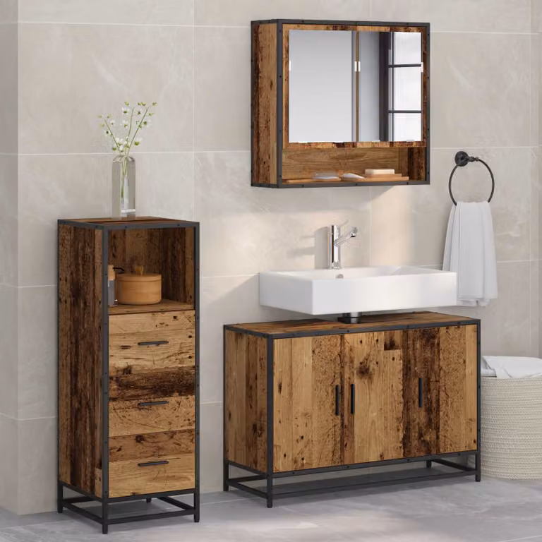 Set di mobili per il bagno moderno vidaXL in 3 pezzi color marrone con legno e metallo, composto da mobile sottolavabo, armadietto laterale e pensile con specchio