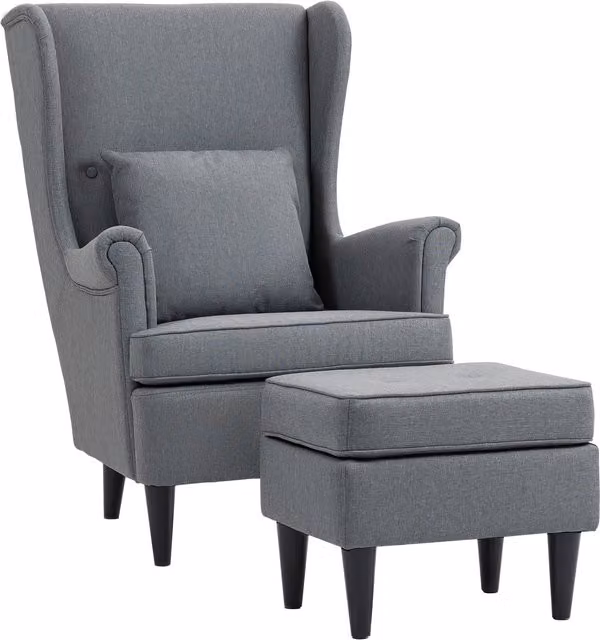Poltrona da salotto HOMCOM in tessuto con pouf poggiapiedi, schienale alto a orecchioni e cuscino, Grigio, L: 75 cm, P: 83 cm, H: 104 cm