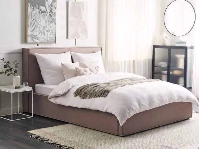 Letto King Size Beliani con Contenitore e Telaio a Doghe, Rivestimento in Tessuto Grigio Tortora, L/P/H: 160 x 200 x 107 cm