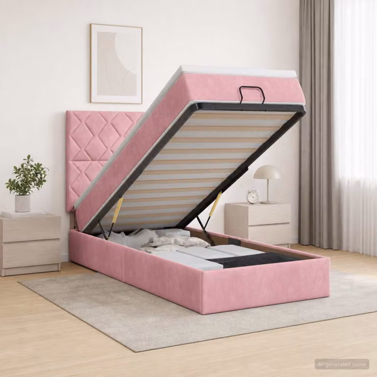 Letto ottomano con materasso vidaXL in velluto rosa, con contenitore a sollevamento, L 90 x P 190 cm