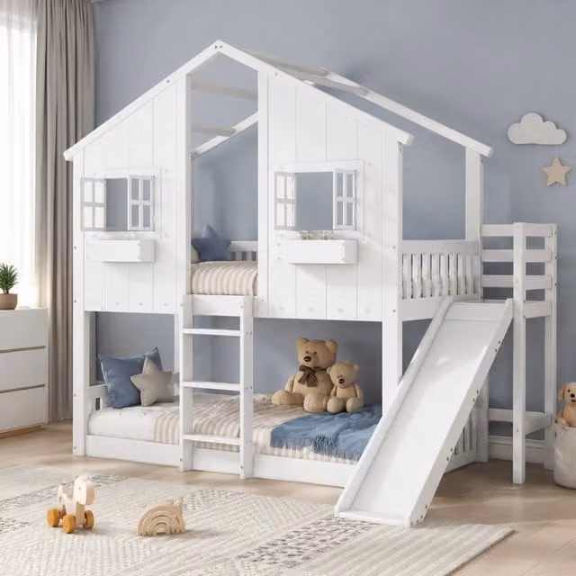 Letto a castello MIVRAY per bambini con scivolo, tetto, finestre e scala a tre gradini, in legno e MDF bianco, L/P/H: 200 x 90 x 158 cm