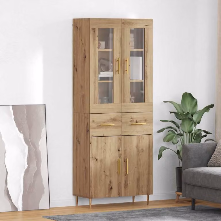 Set di 2 credenze moderne vidaXL in rovere e vetro con ante in vetro, colore marrone, L/P/H: 69,5 x 34 x 180 cm