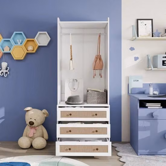 Armadio sospeso moderno con 3 ante e vetrina in legno bianco opaco per cameretta dei bambini